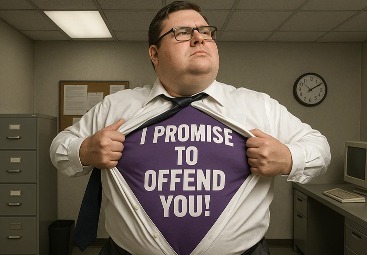 Confident office man opens shirt to reveal a purple t-shirt that says “I PROMISE TO OFFEND YOU!”